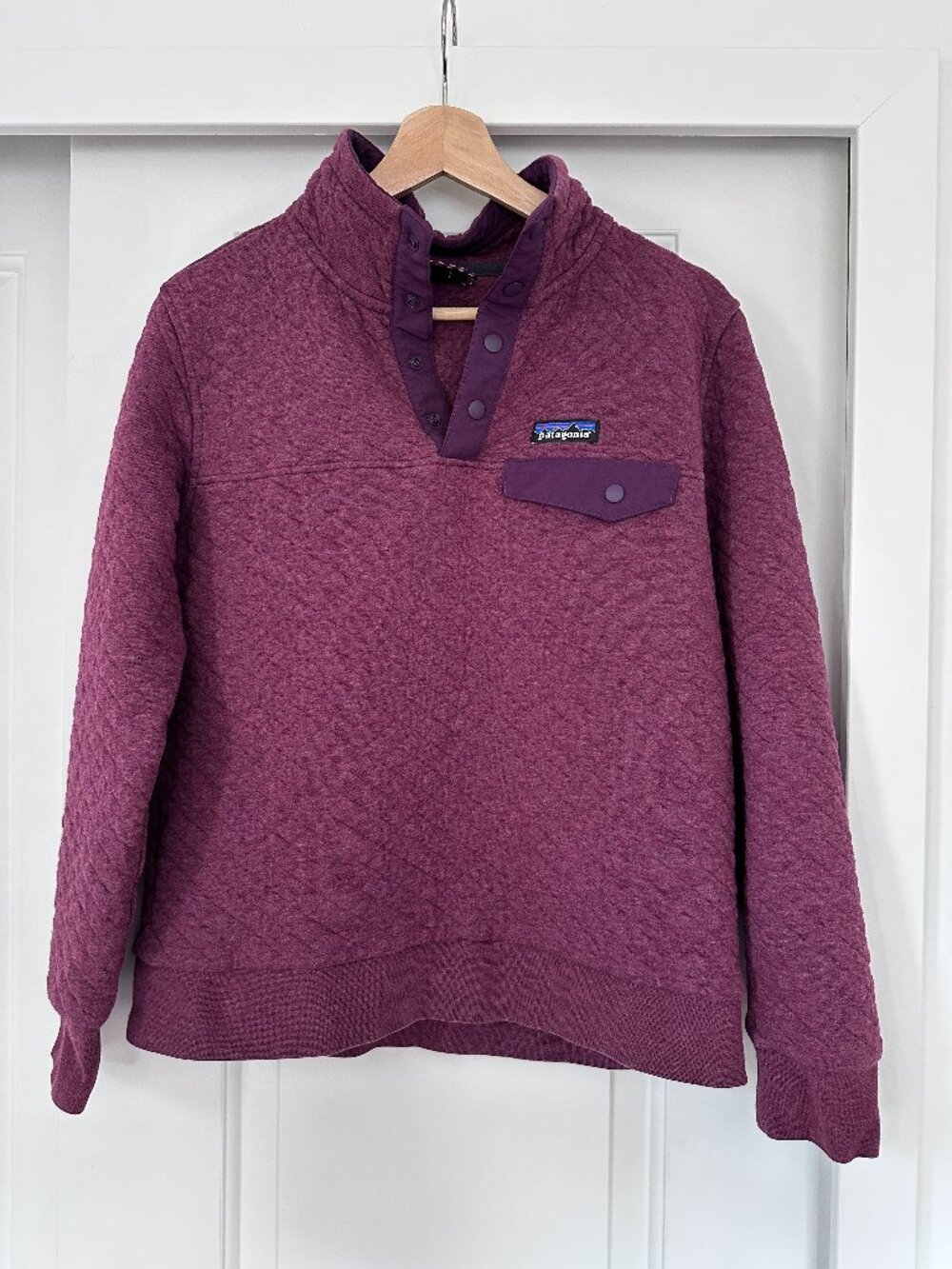 Patagonia Quilted 1/4 Snap T Pullover Women's Small Purple Organic Sweater
